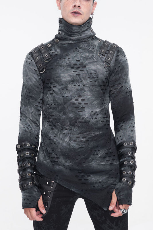 Grey/black Lrregular Ripped Stand Collar Punk Shirt