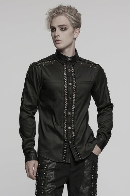 Black Lapel Collar Long Sleeves Stitching Mesh Punk Blouse