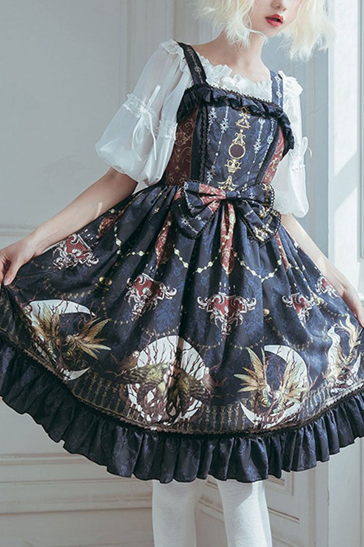 Dark Bule Bowknot Altar of the Month Print Ruffled Classic Lolita Suspender Dress