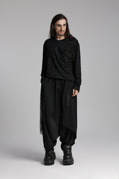 Black Round Collar Long Sleeves Ripped Mesh Punk T-shirt