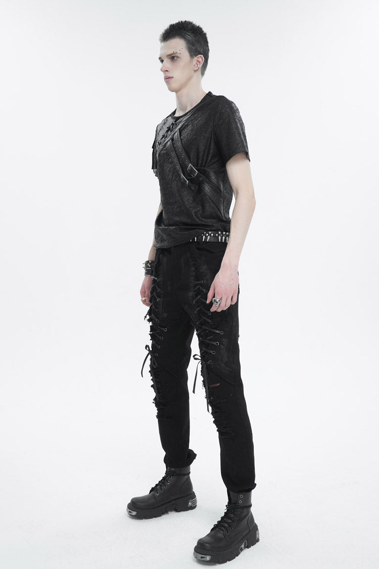 Black Print Buckle Splice Faux Leather Punk T-shirt