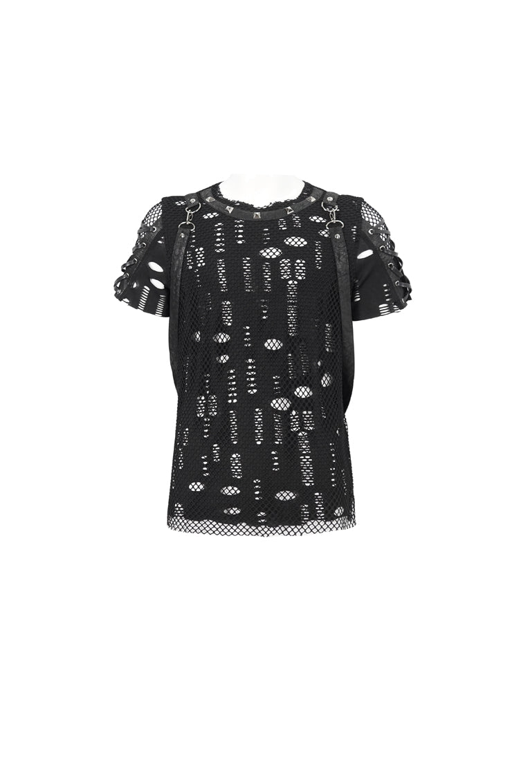 Black Half Hollow Shoulder Tie Design Punk T-shirt
