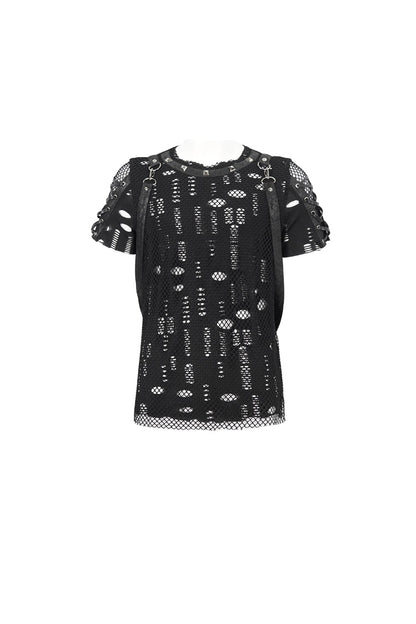 Black Half Hollow Shoulder Tie Design Punk T-shirt