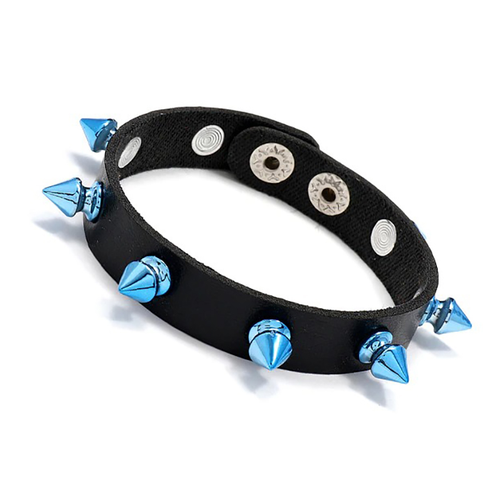 Biker Bracelet Pu Leather With Rivet of Blue Cone / Punk Bangles With Wide Cuff