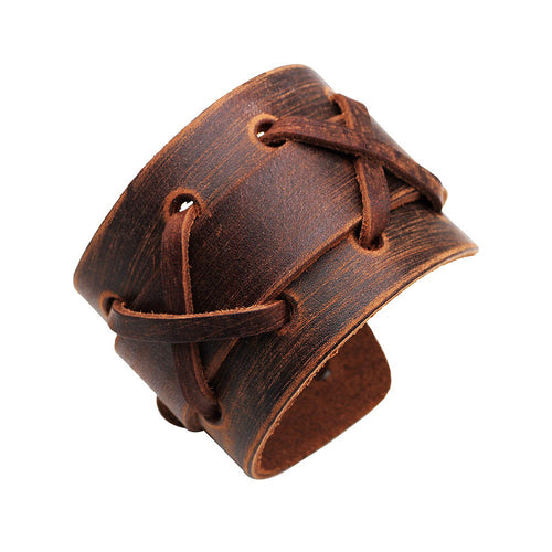 Black and Brown Genuine Leather Wide Bracelets for and / Wristbands in Rock Style