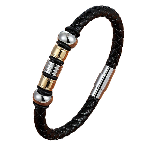Black Genuine Leather Bracelet / Stainless Steel Magnetic Clasp Bracelet
