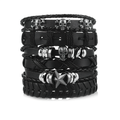 Black Leather Bracelet in Rock Style With Skull & Star Wristband Set of 6 Pcs