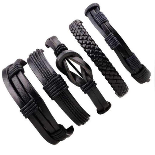 Black Leather Bracelet & Wristband in Rock Style Set of 5 Pcs