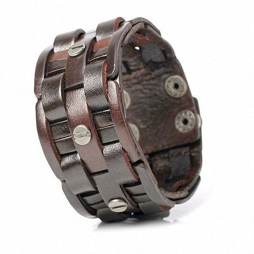 Black Leather Hand-woven Bracelets / Mosaic Wrap Bandage Bracelet for &