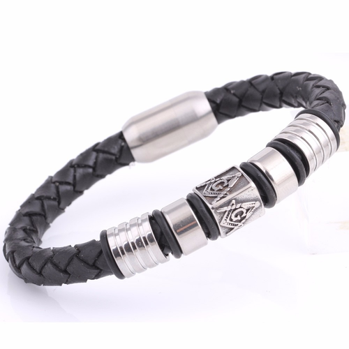 Black Leather Masonic Bracelet / Stainless Steel Magnet Bangle / and Jewelry