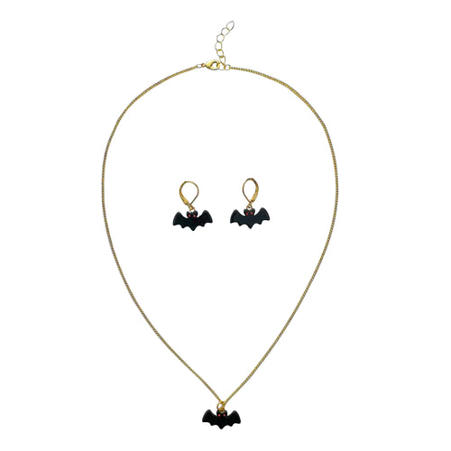 Black Bat Charm Red Crystal Eyes Matching Gold Necklace & Earring Set - 18"