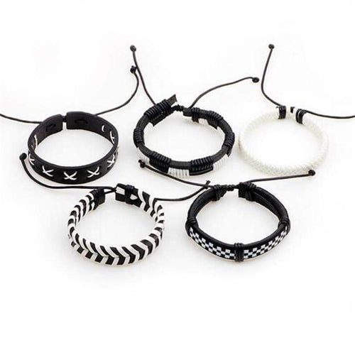 Black & White Leather Bracelet & Wristband in Rock Style Set of 5 Pcs