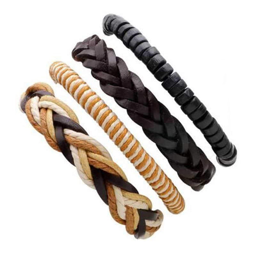 Brown Leather Bracelet in Rock Style & Braided Rope Wristband Set of 4 Pcs
