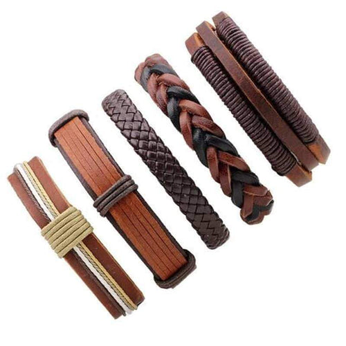 Brown Leather Bracelet in Rock Style / Braided Rope Wristband 5 Pcs Set