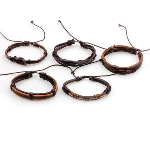 Brown Leather Bracelet in Rock Style & Braided Rope Wristband Set of 5 Pcs