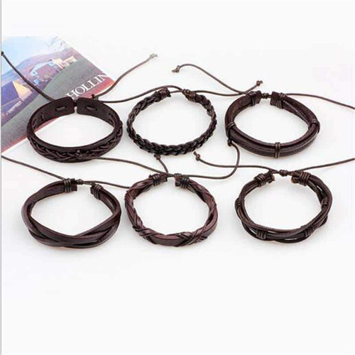 Brown Leather Bracelet in Rock Style & Braided Rope Wristband Set of 6 Pcs