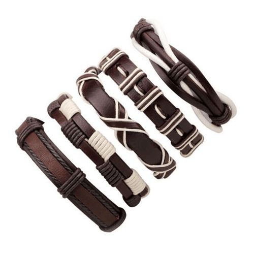Brown & White Leather Bracelet & Wristband in Rock Style Set of 5 Pcs