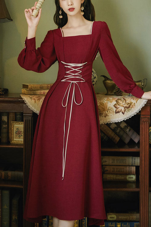 Wine European Manor Square Collar Long Sleeves High Waisted Classic Lolita Op Dress