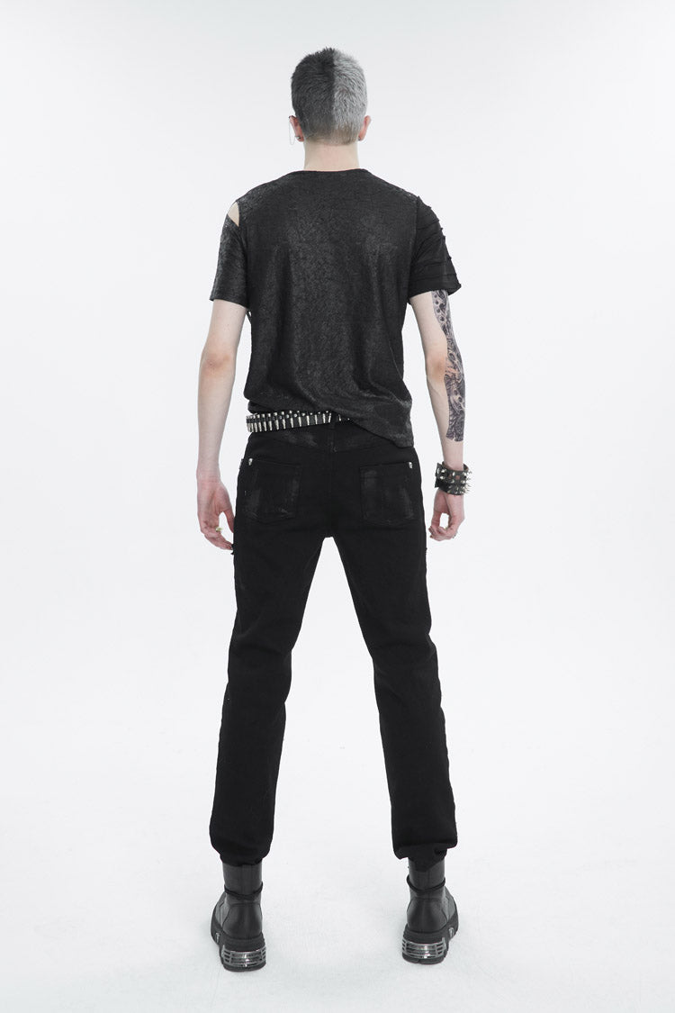 Black Left Off Shoulder Chest Zipper Embellished Punk Short Sleeve