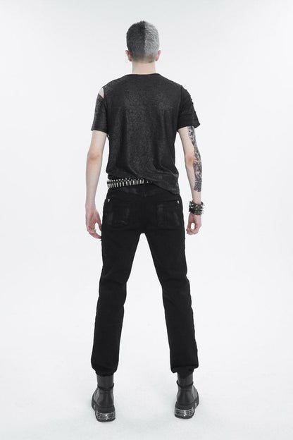 Black Left Off Shoulder Chest Zipper Embellished Punk Short Sleeve