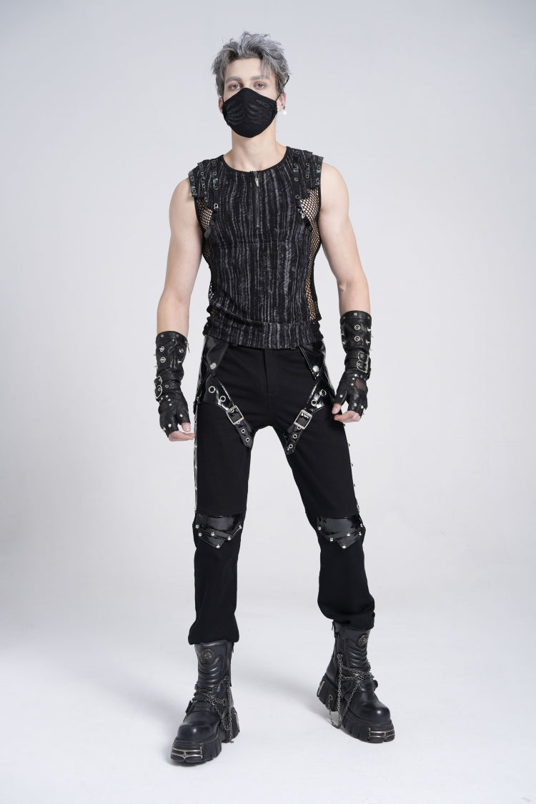 Black Sleeveless Ribbed Print Stitching Mesh Zipper Gothic Vest