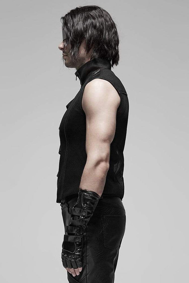 Black Punk Rough No Elasticity Woven Mesh Metal Buckle Belts Decoration Perspective Sleeveless Metal Zipper Vest