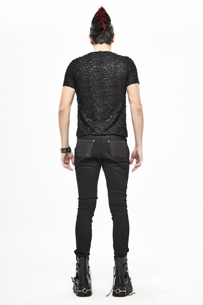 Black Broken Holes Thick Stripes Chest Lace-up Knit Short Sleeve Punk T-shirt