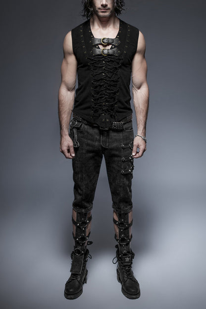 Black V-neck Chest Leather Hasp Metal Rings Cross Lace-up Punk Vest