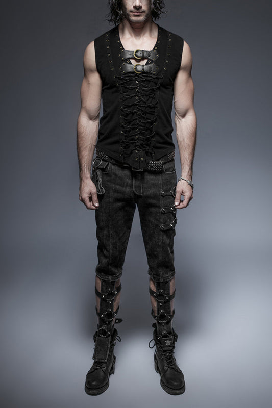 Black V-neck Chest Leather Hasp Metal Rings Cross Lace-up Punk Vest