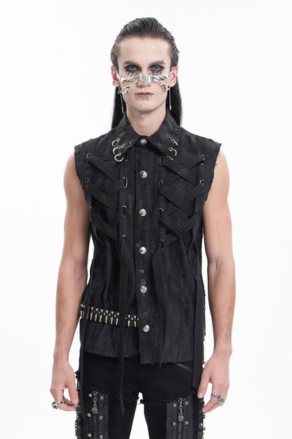 Black Lapel Collar Sleeveless Lace-up Ripped Ring Gothic Vest