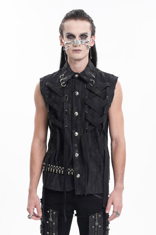 Black Lapel Collar Sleeveless Lace-up Ripped Ring Gothic Vest