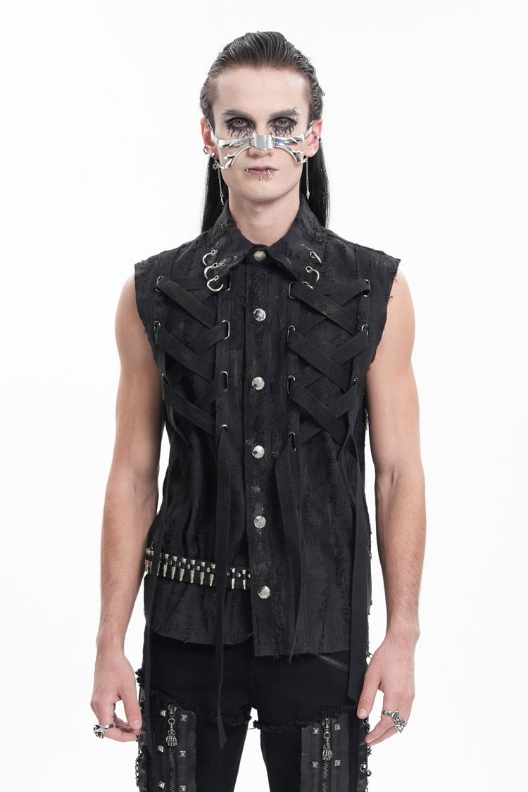 Black Lapel Collar Sleeveless Lace-up Ripped Ring Gothic Vest