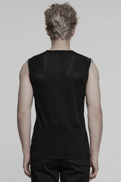 Black Round Collar Sheer Mesh Color Matching Rivet Punk Vest
