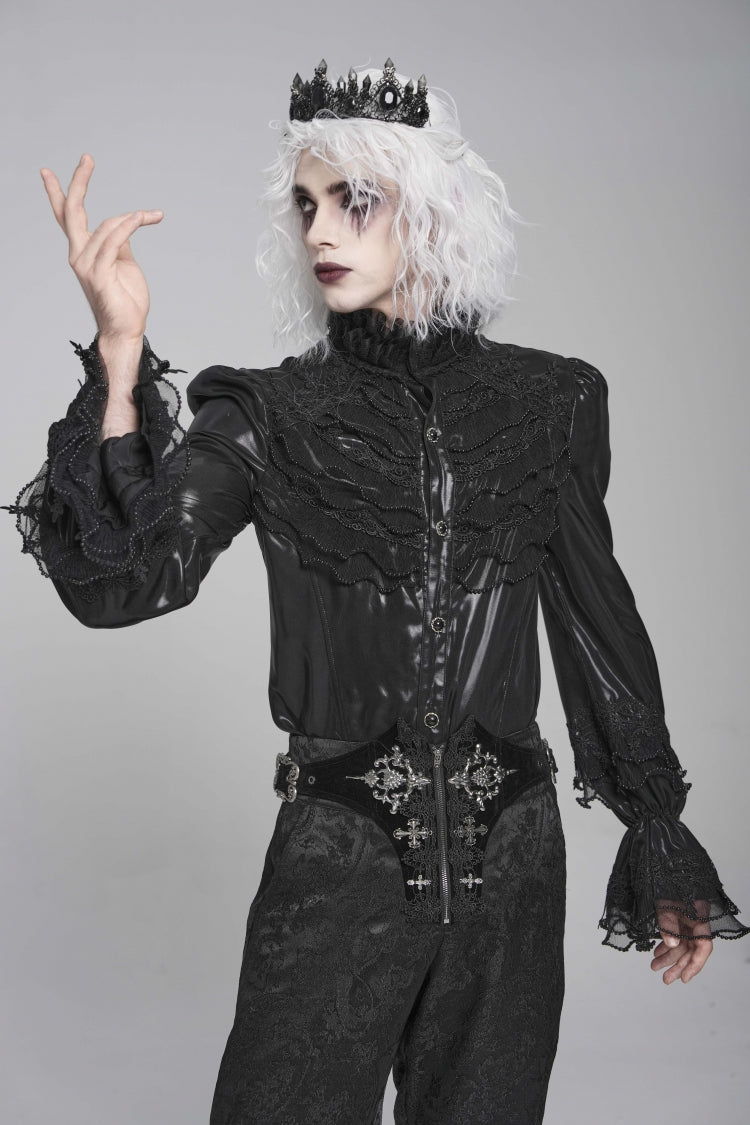 Black Stand Collar Long Puff Sleeves Embroidery Stitching Lace Gothic Blouse