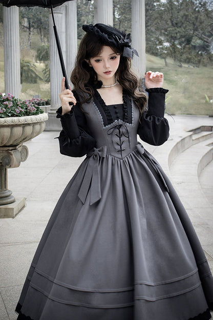 Grey [mist Chronicle] Square Collar Long Sleeves Bowknot Lace-up Color-block Fake Two Pieces Classic Lolita Dress
