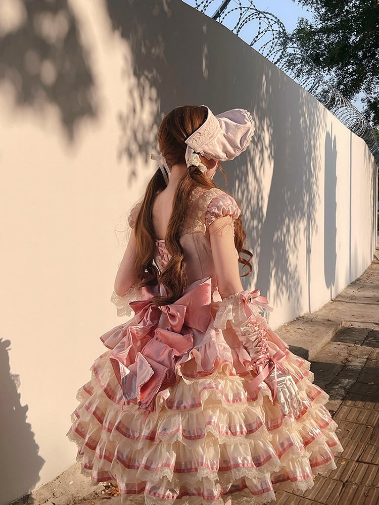 [pre-order Deadline: April 30] Sweet Pink Lolita Lace Ribbon Tiered Ruffle Princess Dress