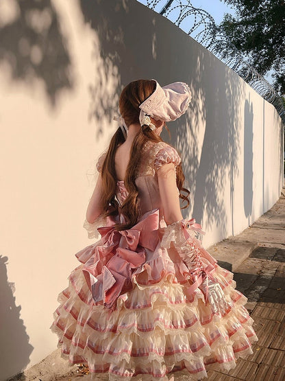 [pre-order Deadline: April 30] Sweet Pink Lolita Lace Ribbon Tiered Ruffle Princess Dress