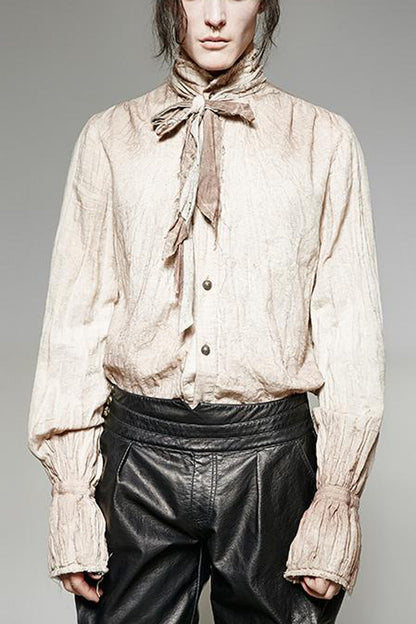 White Long Lantern Sleeves Retro Metal Button Steampunk Tie Shirt