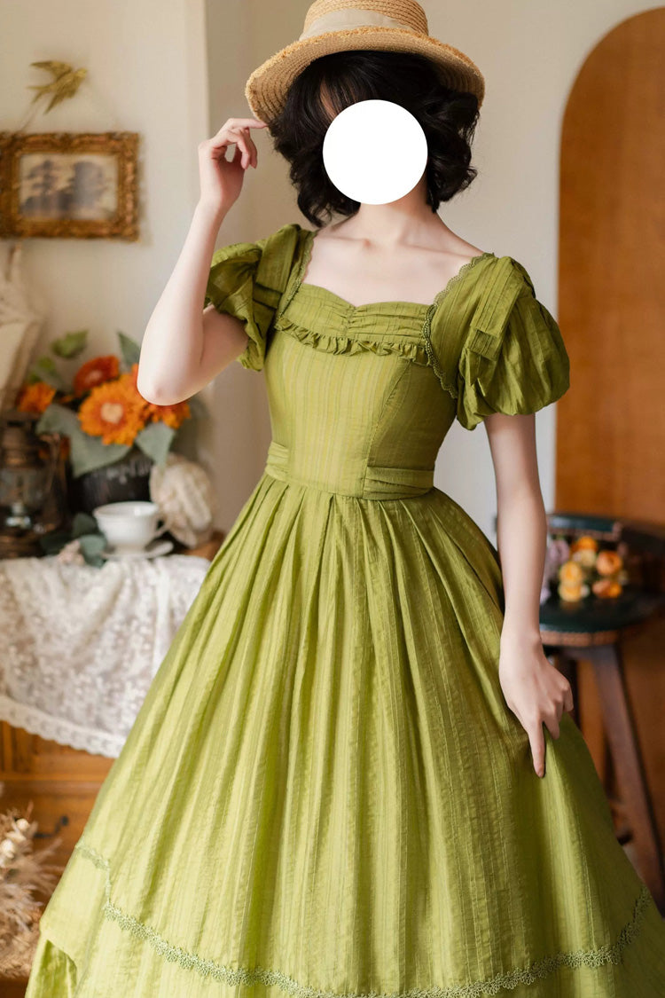 Green [forest Gallery] Square Collar Short Sleeves Ruffled Bow Classic Lolita Dress