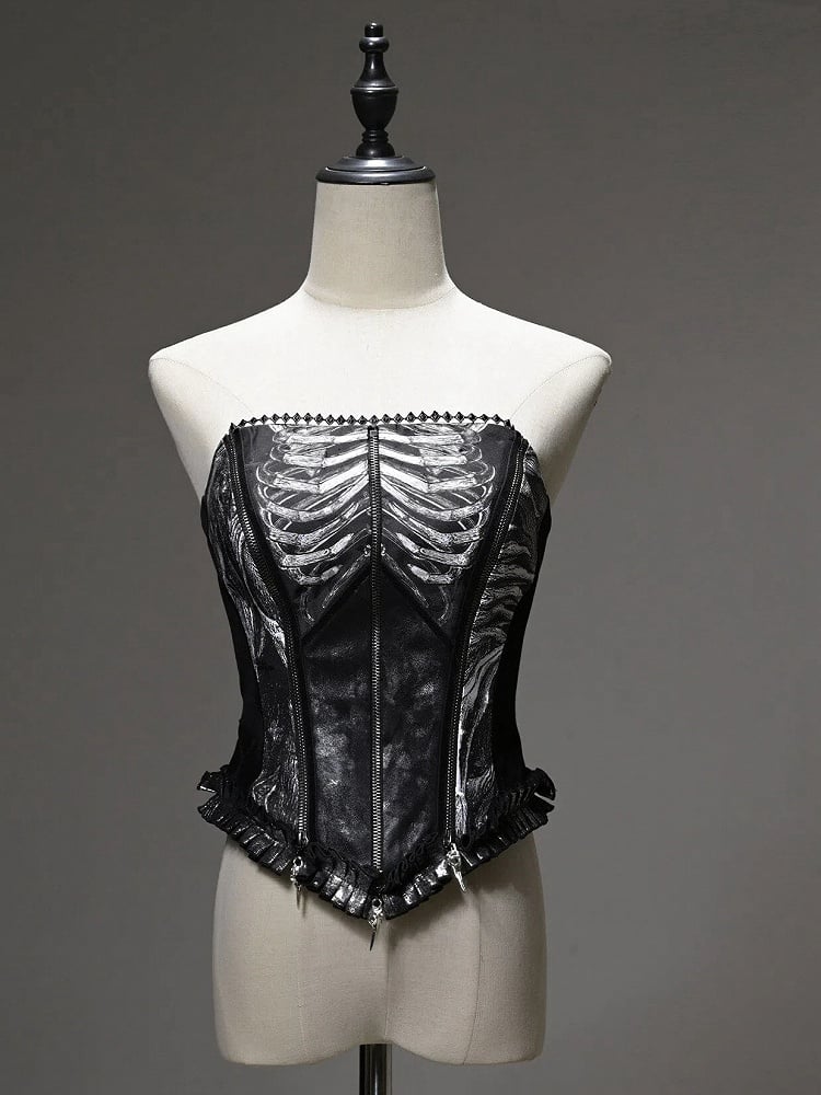 [pre-order Deadline: June 8] Phantom Knight Dark Gothic Skeleton Bustier Corset Top (with Cross Straps + Waist Belt)