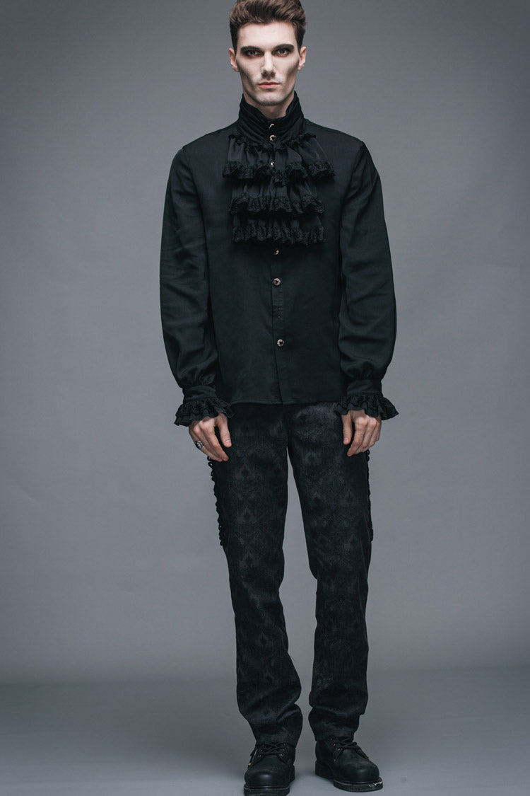 Black Ruffled Lace Button-up Micro-bullet Chiffon Long Sleeve Gothic Shirt