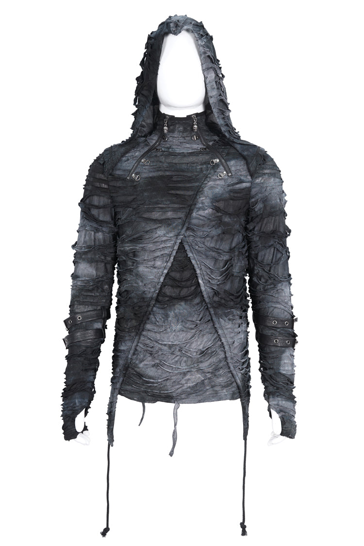 Black High Collar Long Sleeves Print Ripped Punk Hoodies T-shirt