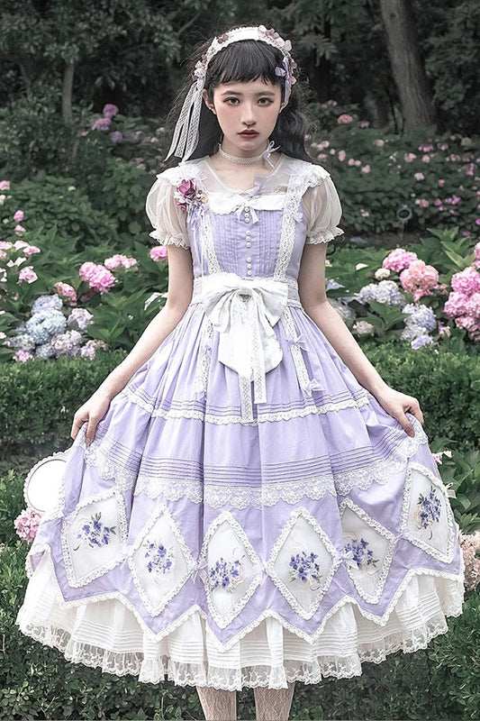 Purple Print Ruffle Embroidery Bowknot Classic Lolita Dress