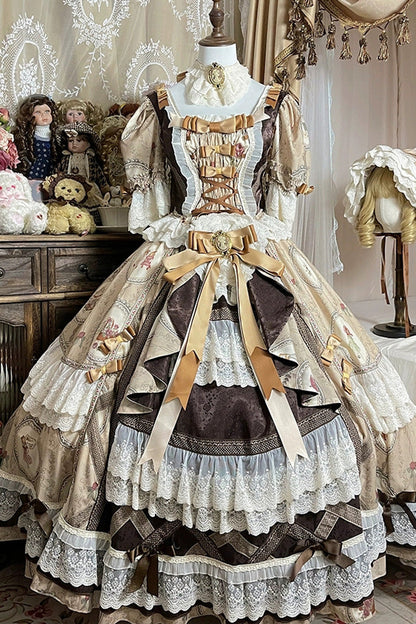 Brown [baker Street Tea Party] Short Sleeves High Waisted Print Ruffle Embroidery Cardigan Bowknot Lace-up Classic Princess Lolita Dress