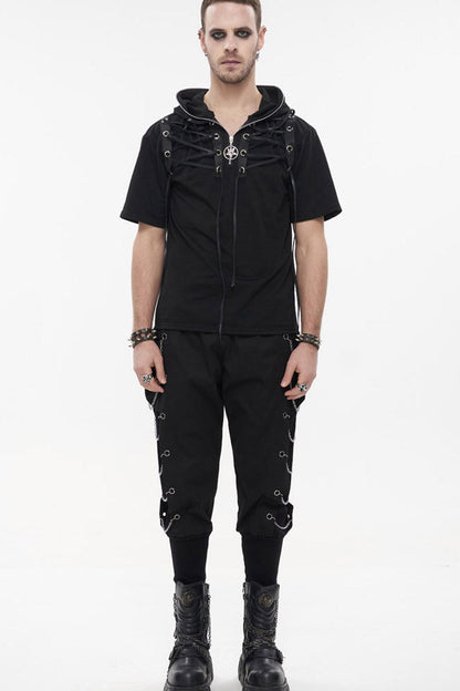 Black Punk Short Sleeve Metal Zipper Lace-up Knit Loose Hooded T-shirt