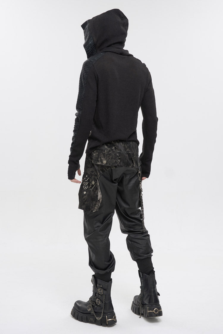 Black Dark Tether V-neck Panel Knit Hooded Punk T-shirt