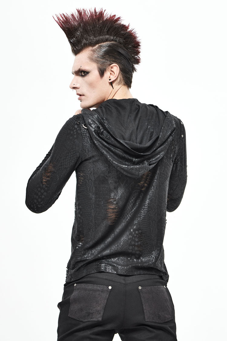 Black Broken Holes Knit Shoulder Lace-up Irregular Hem Hooded Punk T-shirt
