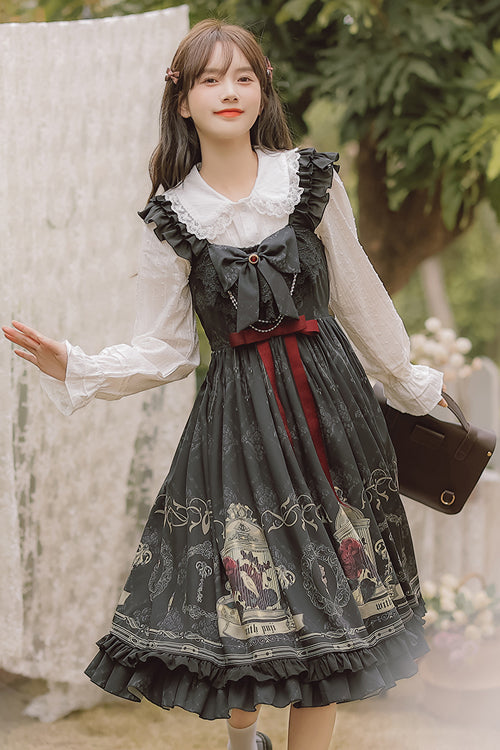 Black Ruffled Strap Court Print Front and Back Bow Classic Lolita Jsk Dress