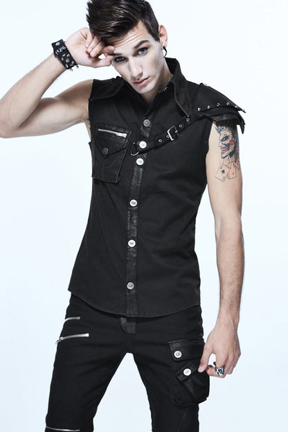 Black Sleeveless Twill One-shoulder Armor Heat Seal Punk Shirt