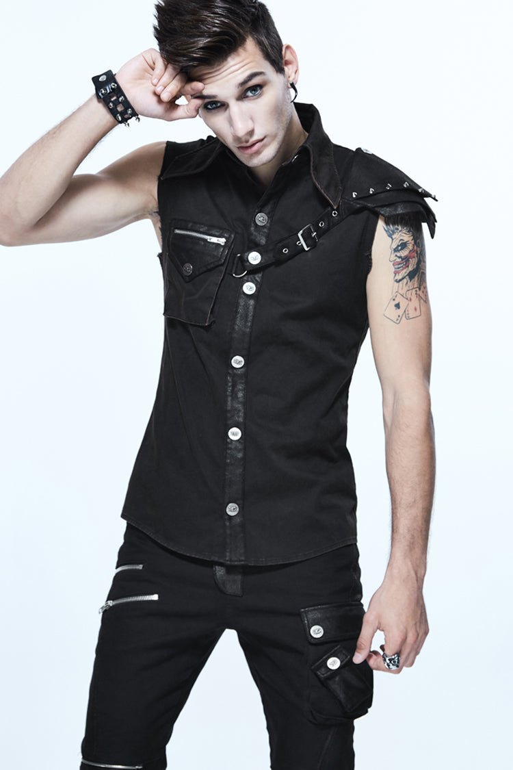 Black Sleeveless Twill One-shoulder Armor Heat Seal Punk Shirt
